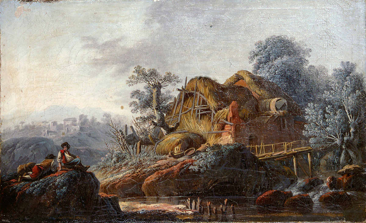 Paysage. Chaumière près d'une rivière